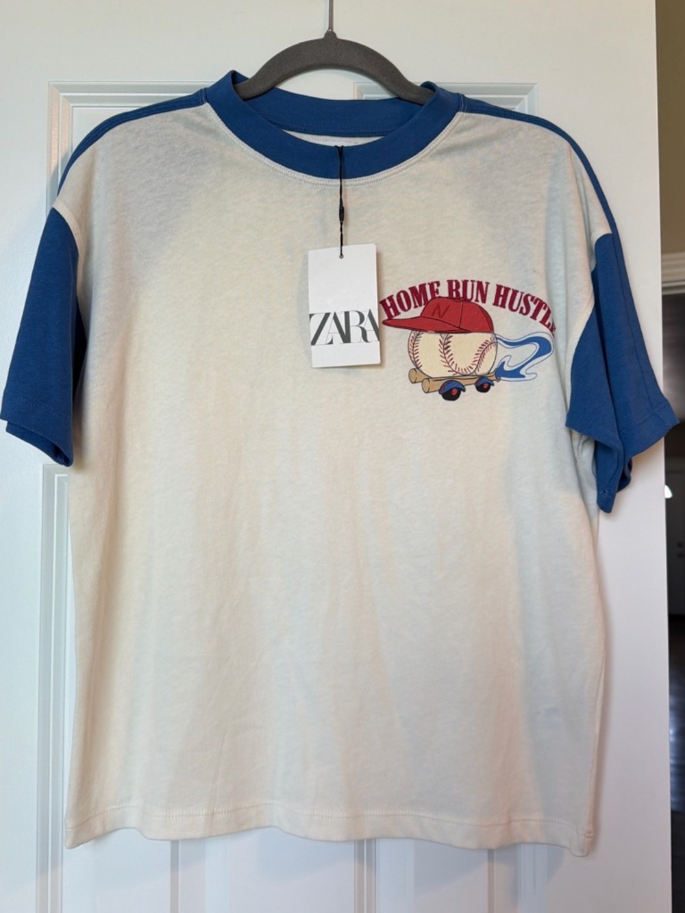Zara Cream and Blue 'Home Run Hustle' Graphic Baseball Tee